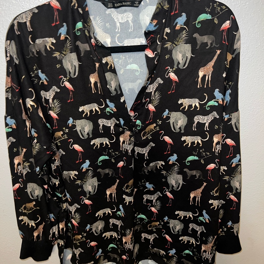 Zara Black Blouse with Multicolor Animal Print - Picture 5 of 6